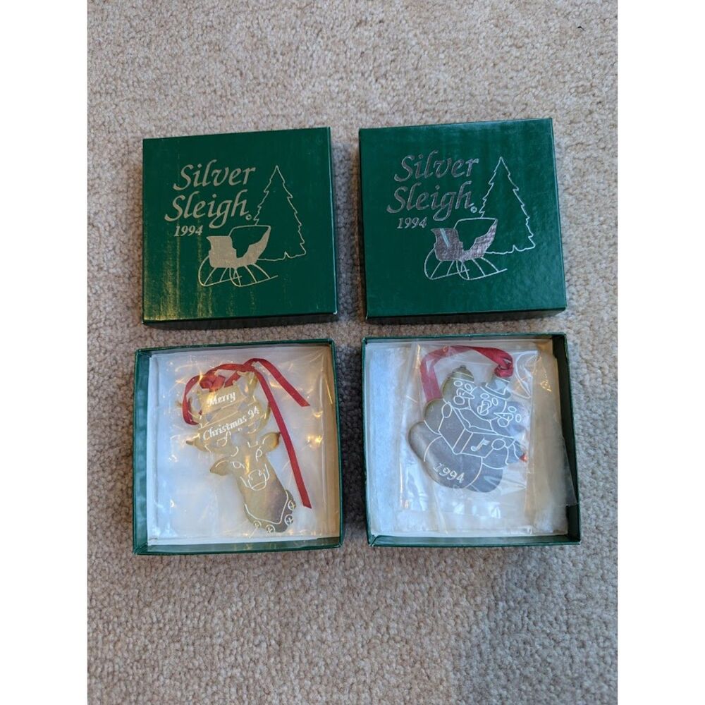 2 In-Box, Excellent Silver Sleigh 1994 Christmas Ornaments – Deer & Snowmen Set